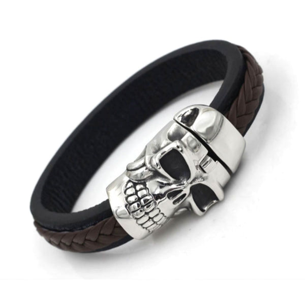 Large Skull Steel and Leather Bracelet - 360139 – Badboy Jewellery