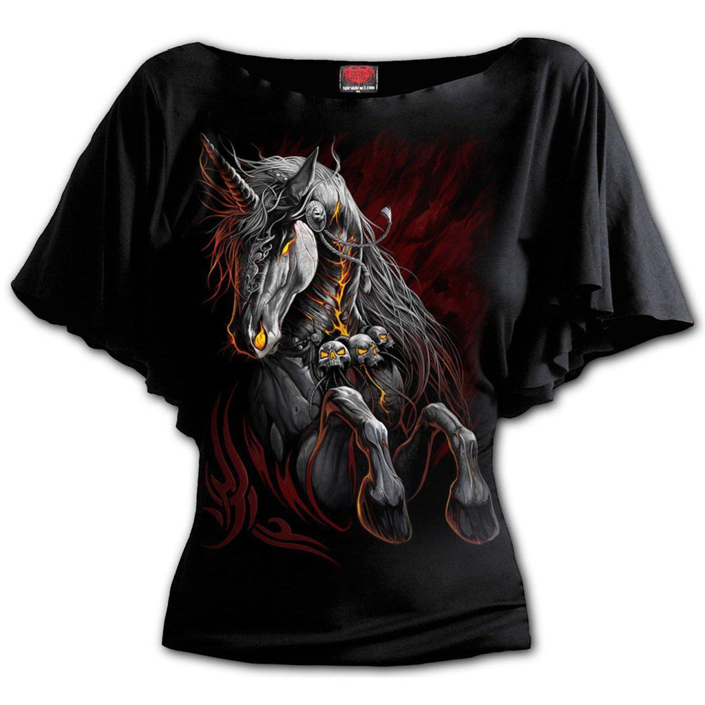 Spiral Infernal Unicorn - Boat Neck Bat Sleeve Top Black